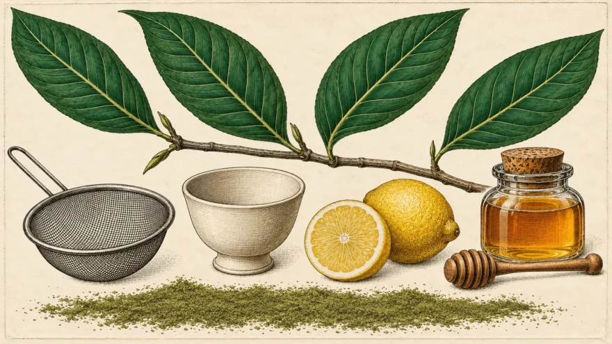 A hand colored engraving of a kratom branch with four broad leaves above a row of brewing things: a wire mesh strainer, a plain footed cup, a cut lemon beside a whole one, a corked jar of honey with a wooden dipper, and a low drift of fine green powder along the bottom.