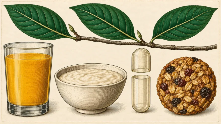 A hand colored engraving of a kratom branch with three green leaves above a tall glass of orange juice, a plain cream bowl of thick pale cereal, an empty capsule shown in two parts, and a round oat and fruit cookie.