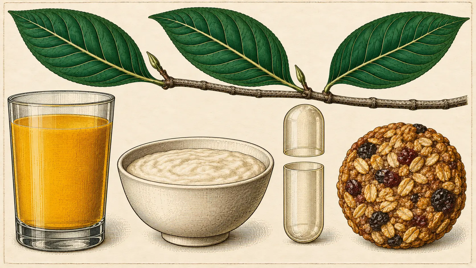 A hand colored engraving of a kratom branch with three green leaves above a tall glass of orange juice, a plain cream bowl of thick pale cereal, an empty capsule shown in two parts, and a round oat and fruit cookie.