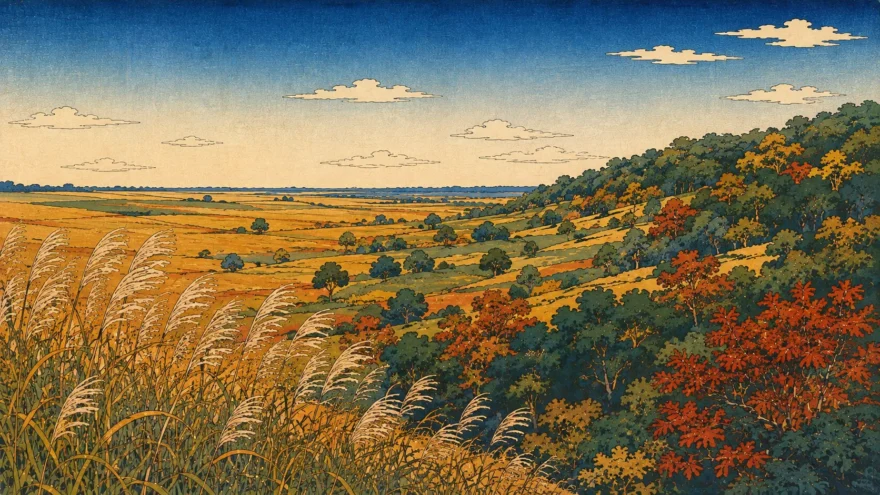 A woodblock print of a single unbroken landscape running left to right, tall grassland giving way to scattered trees and then to a wooded ridge.