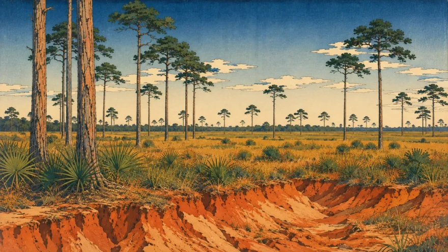 A woodblock print of a longleaf pine savanna, with tall widely spaced pines above wiregrass and palmetto and a cut bank of red clay in the foreground.