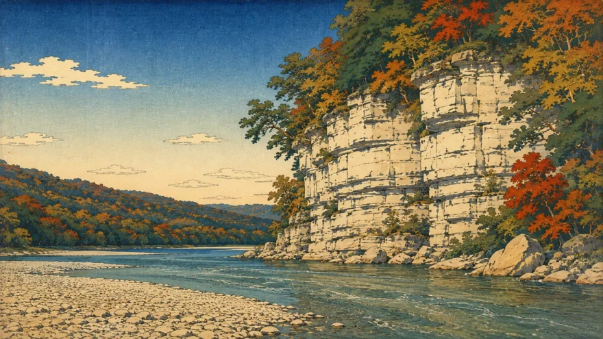 A woodblock print of a layered limestone bluff above a clear river, with hardwoods along the top and a wide gravel bar in the foreground.
