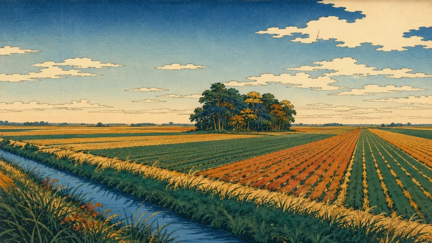 A woodblock print of a flat farmed plain running to the horizon, with one isolated woodlot and a straight drainage ditch in the foreground.