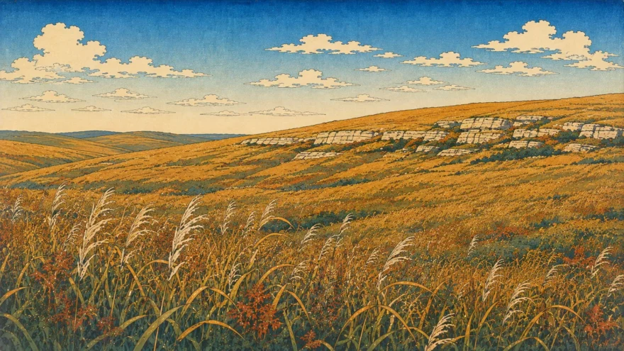 A woodblock print of rolling tallgrass prairie under a wide sky, with shelves of pale limestone breaking through the slopes.