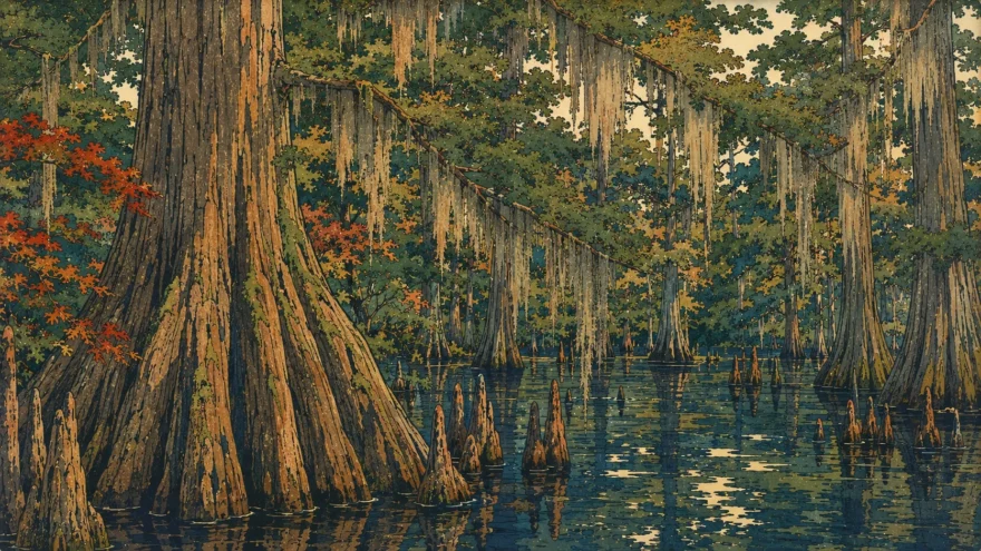 A woodblock print of a bald cypress swamp, with buttressed trunks in still water, cypress knees breaking the surface and Spanish moss on the limbs.