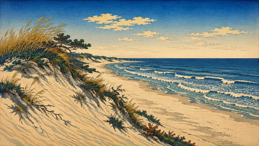 A woodblock print of a Cape Cod dune with beach grass and scrub pine above a curving beach and the open ocean beyond.