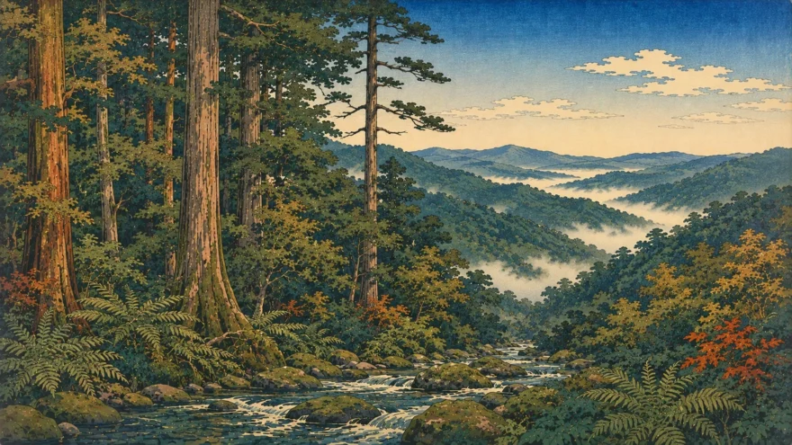 A woodblock print of a wooded hollow with tall pines and a rocky creek in the foreground, and green ridges receding into mist beyond.