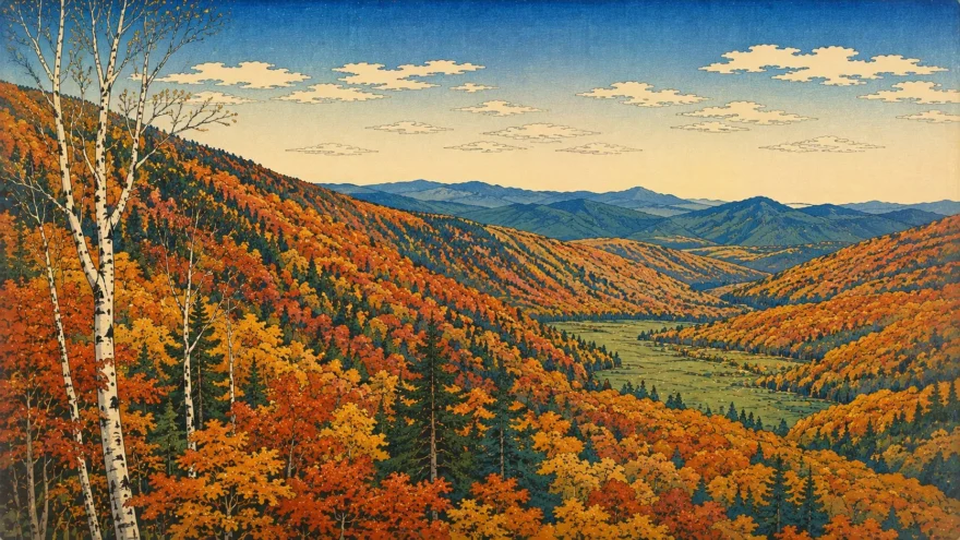 A woodblock print of steep autumn hardwood ridges receding in layers, with white birch trunks in the foreground and a green valley floor below.