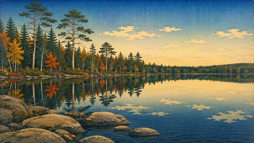 A woodblock print of a northwoods lake shore, with granite boulders at the water's edge and pines and birch reflected along the far bank.