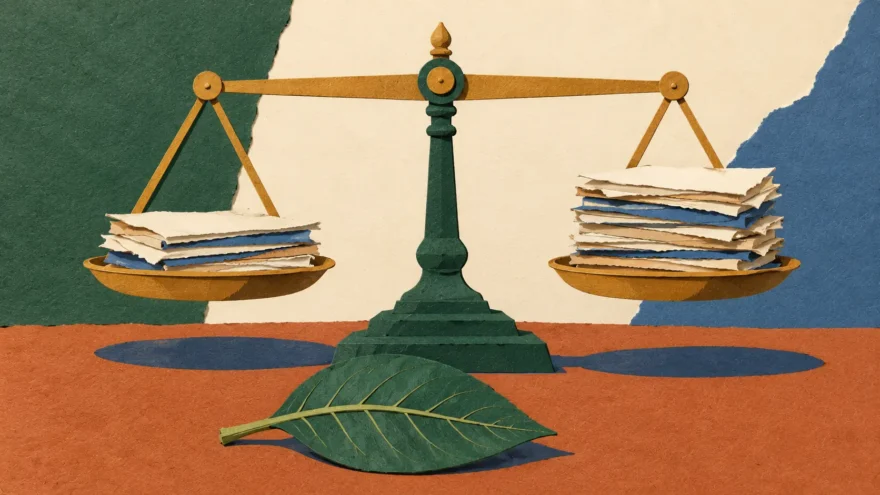 A cut-paper collage of a two-pan balance scale holding unequal stacks of paper, with a leaf resting beneath it.