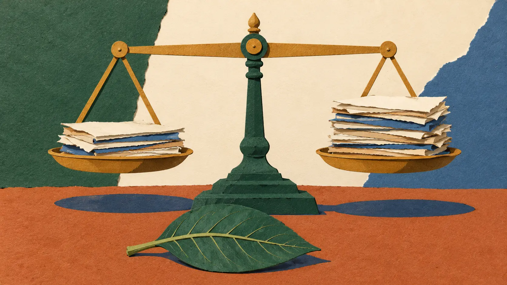 A cut-paper collage of a two-pan balance scale holding unequal stacks of paper, with a leaf resting beneath it.