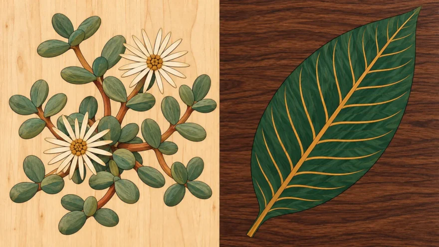 A marquetry panel divided by a single vertical seam, with a low sprawling kanna plant of small plump paired leaves and two pale many petalled flowers cut into a pale maple ground on the left, and a single kratom leaf with ochre veins cut into a dark walnut ground on the right.