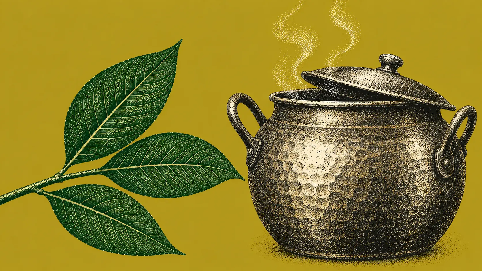A stipple engraving of a round hammered copper brewing kettle with riveted handles and its lid ajar, steam rising from under the lid, beside a kratom branch of three leaves, over a flat olive gold field.