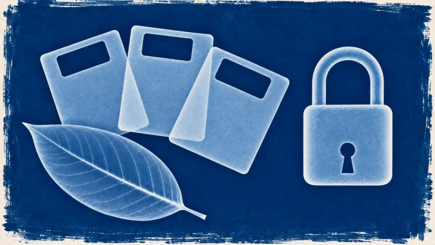 A cyanotype photogram of three blank cards with cut-out windows, a closed padlock and a kratom leaf in white silhouette on deep blue.