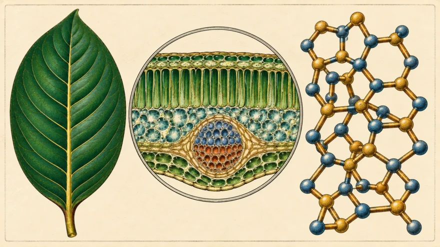 A hand colored engraving in three parts: a single kratom leaf seen flat, a magnified circular cross section of the leaf showing its cell layers and a vein bundle, and a lattice of joined rings built from rods and spheres.