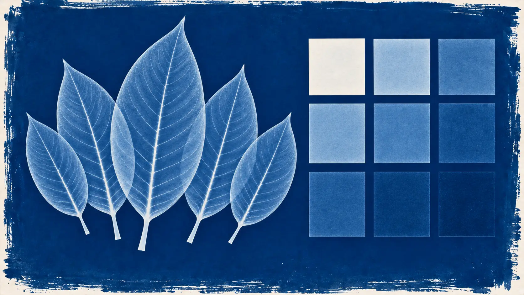 A cyanotype photogram of five kratom leaves of different sizes beside a grid of nine squares in nine different tones, in white silhouette on deep blue.