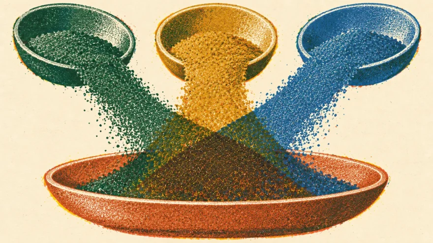 A risograph print of three small dishes of powder, each in a different ink, tipping into one larger dish below them where all three inks overlap into a new color.