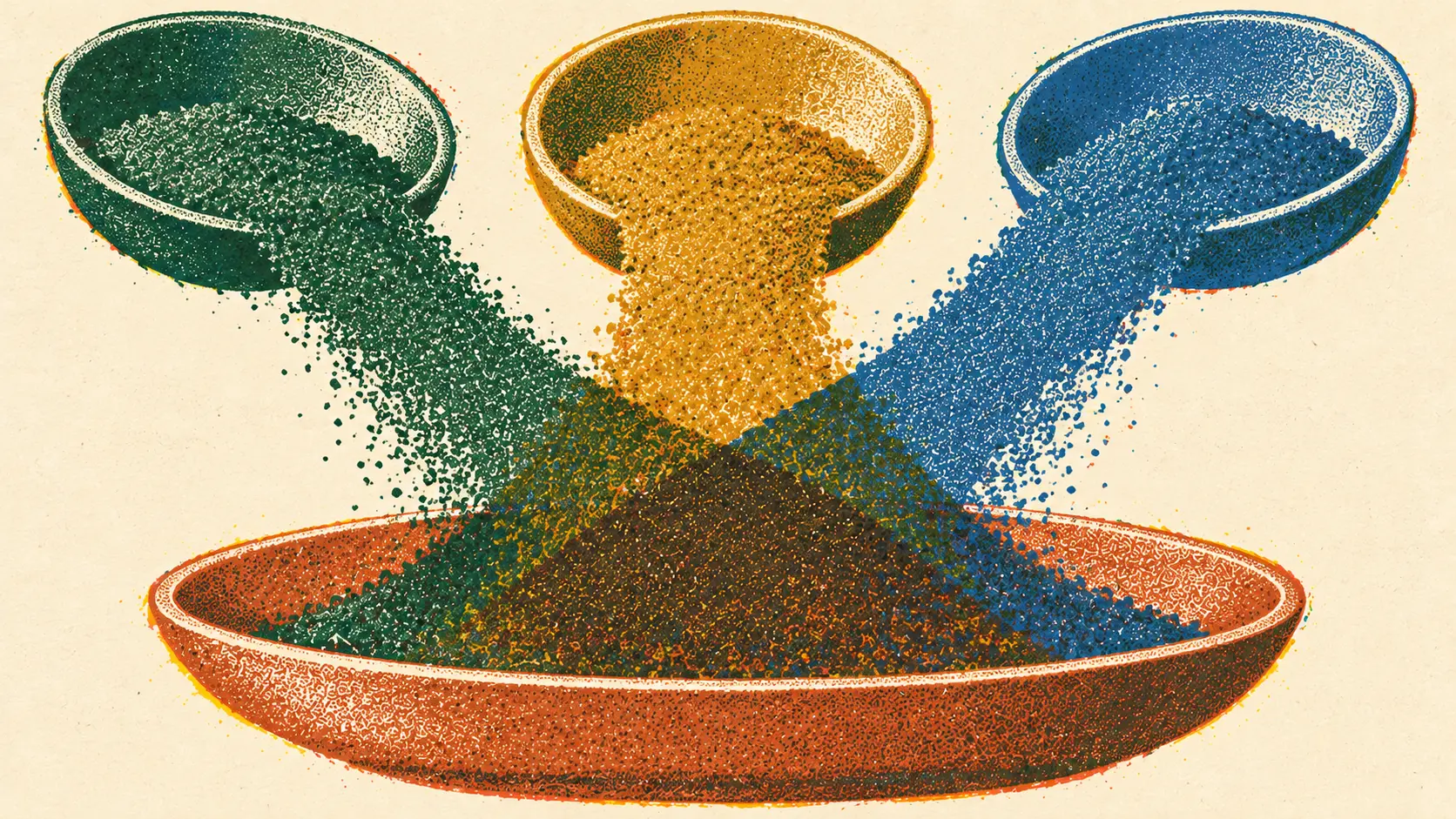 A risograph print of three small dishes of powder, each in a different ink, tipping into one larger dish below them where all three inks overlap into a new color.