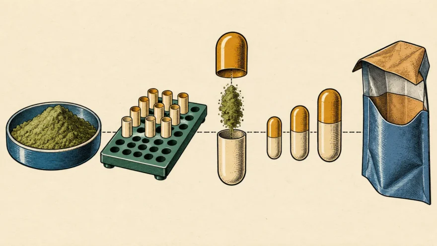 An exploded isometric manual plate of how a two piece capsule is put together, separated along one axis and joined by leader lines, being a shallow dish of kratom powder, a filling tray holding empty capsule bodies upright in its holes, one capsule taken apart into its cap, a column of powder and its body, three closed capsules in ascending size, and an open standing pouch.