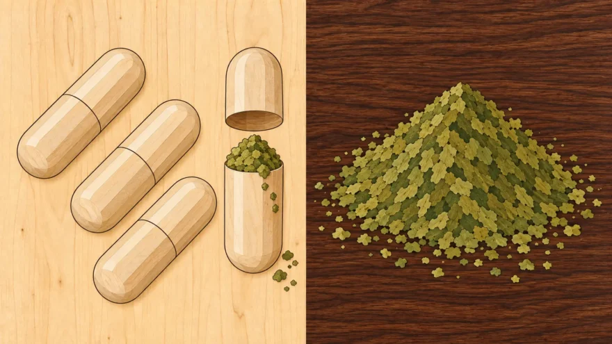 A marquetry panel divided by a single vertical seam, with three closed capsules and a fourth standing open and heaped with green powder under its lifted cap, cut into a pale maple ground on the left, and a mound of the same green powder cut into a dark walnut ground on the right.