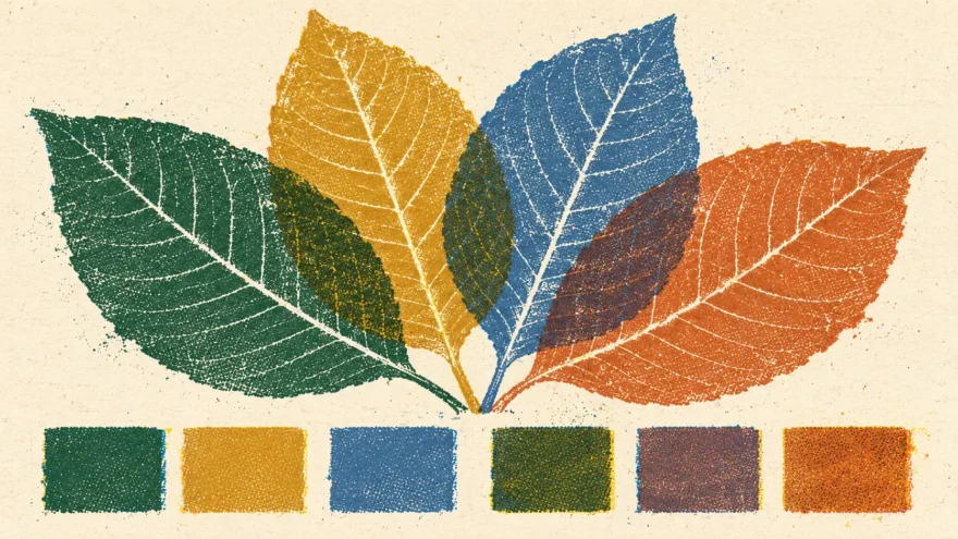 A risograph print of four kratom leaves fanned and overlapping at the stems, each in a different ink with new colors where they cross, above a row of six solid ink swatches.