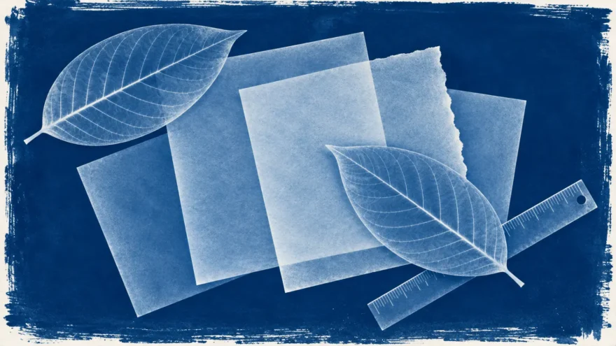 A cyanotype photogram of two kratom leaves, a fan of overlapping paper sheets and a flat ruler in white silhouette on deep blue.