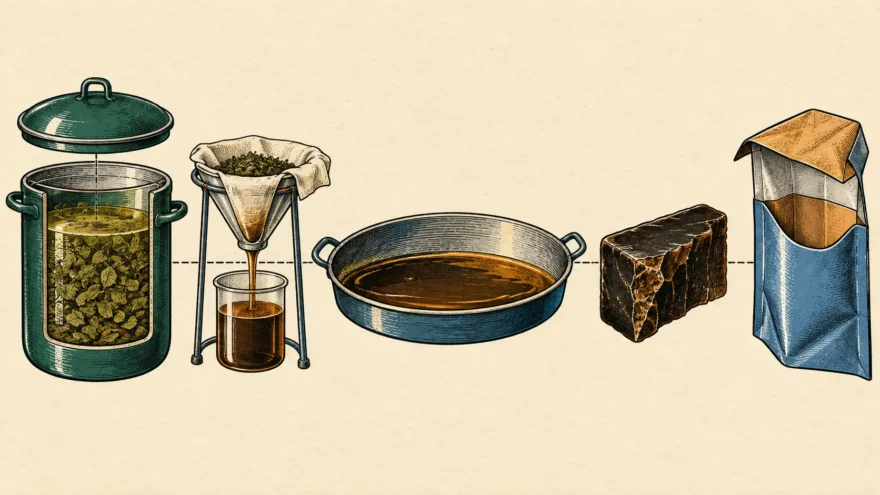 An exploded isometric manual plate of the reduction chain that turns kratom leaf into a concentrated solid, separated along one axis and joined by leader lines, being a lidded steeping pot cut away to show leaf fragments suspended in liquid, a cloth lined straining funnel over a collecting beaker, a wide shallow evaporating pan holding a thin film of dark liquid, a fractured slab of dark resin, and an open standing pouch.