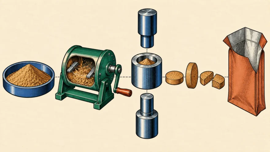 An exploded isometric manual plate of how kratom extract is pressed into a tablet, separated along one axis and joined by leader lines, being a shallow dish of fine tan powder, a blending drum cut away to show powder tumbling inside it, a tablet press die assembly taken apart into its upper punch, its charged die cavity and its lower punch, three finished tablets with one standing on edge and one broken to show the pressed interior, and an open standing pouch.