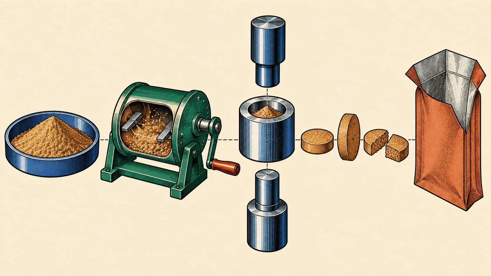 An exploded isometric manual plate of how kratom extract is pressed into a tablet, separated along one axis and joined by leader lines, being a shallow dish of fine tan powder, a blending drum cut away to show powder tumbling inside it, a tablet press die assembly taken apart into its upper punch, its charged die cavity and its lower punch, three finished tablets with one standing on edge and one broken to show the pressed interior, and an open standing pouch.