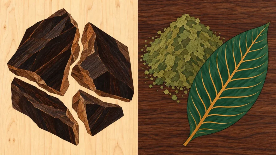 A marquetry panel divided by a single vertical seam, with four angular fragments of dark resin cut into a pale maple ground on the left, and a mound of fine green powder with a whole kratom leaf lying across it cut into a dark walnut ground on the right.