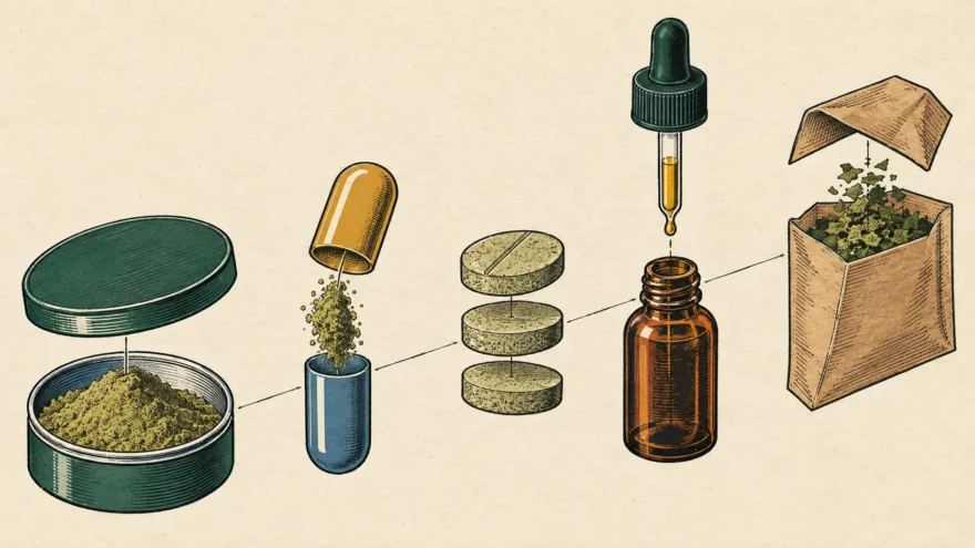 An exploded isometric manual plate of five kratom formats separated along one axis and joined by leader lines, being an open tin of powder, a capsule pulled apart, a stack of three tablets, a stoppered bottle with its dropper lifted out, and an open packet of crushed leaf.