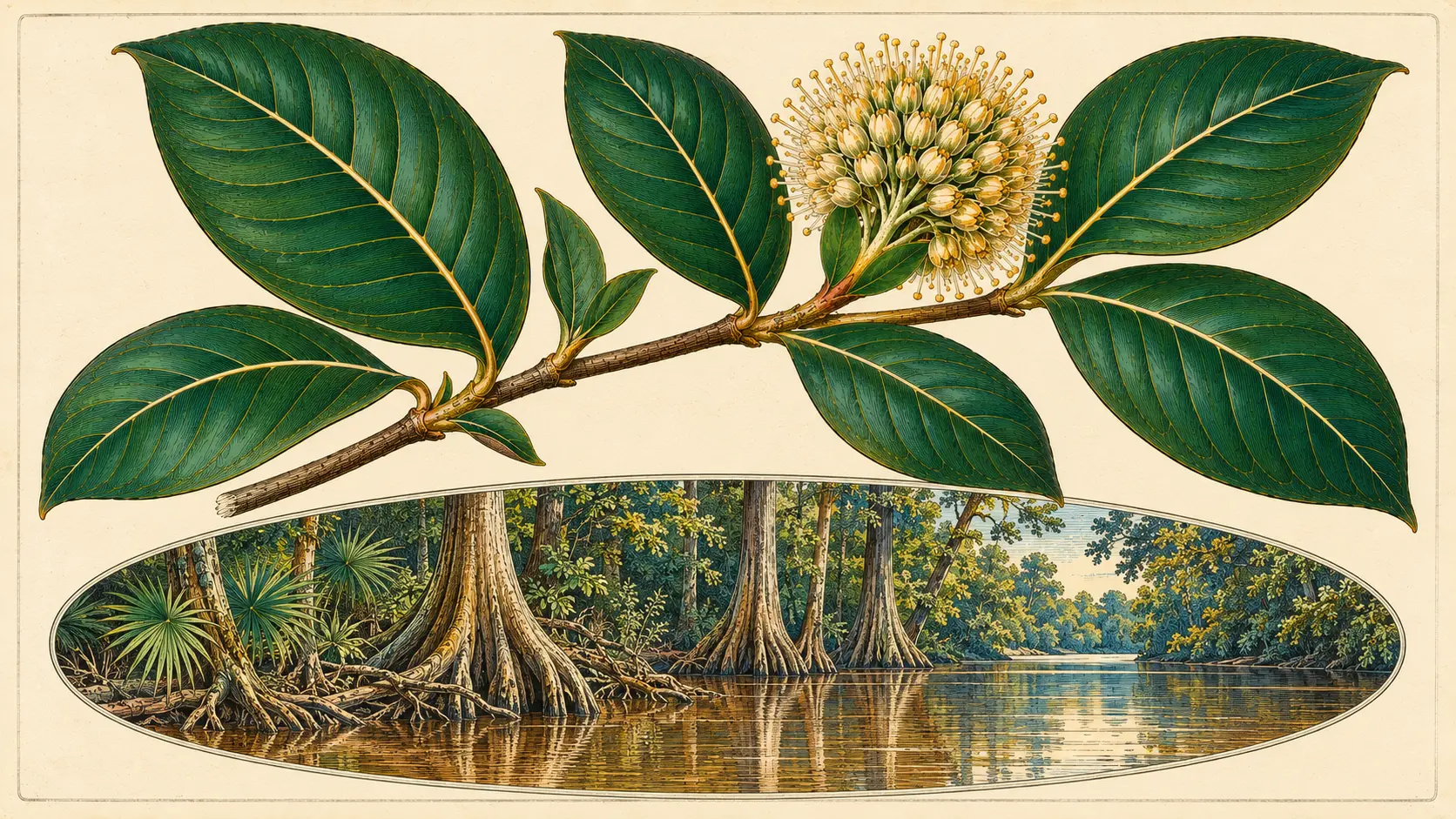 A hand colored engraving of a kratom branch with broad leaves and one globular flower head, above an oval vignette of buttressed tree trunks standing in shallow water at a river's edge with fan palms behind.