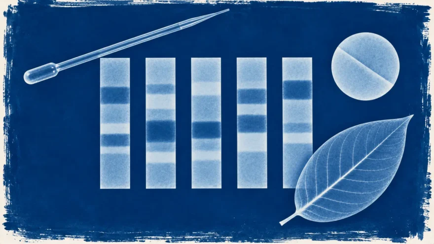 A cyanotype photogram of five banded chromatography strips, a glass pipette, a round filter paper disc and a kratom leaf in white silhouette on deep blue.