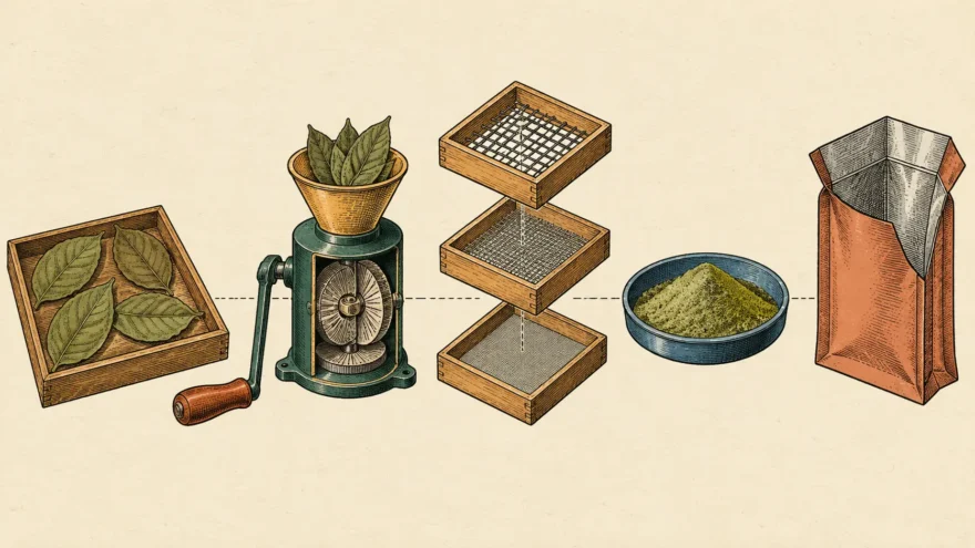 An exploded isometric manual plate of the milling chain for kratom leaf, separated along one axis and joined by leader lines, being a tray of dried whole leaves, a hand cranked burr mill cut away to show its grinding plates, three stacked sieve frames running from coarse to fine mesh, a shallow dish of fine powder, and an open standing pouch.