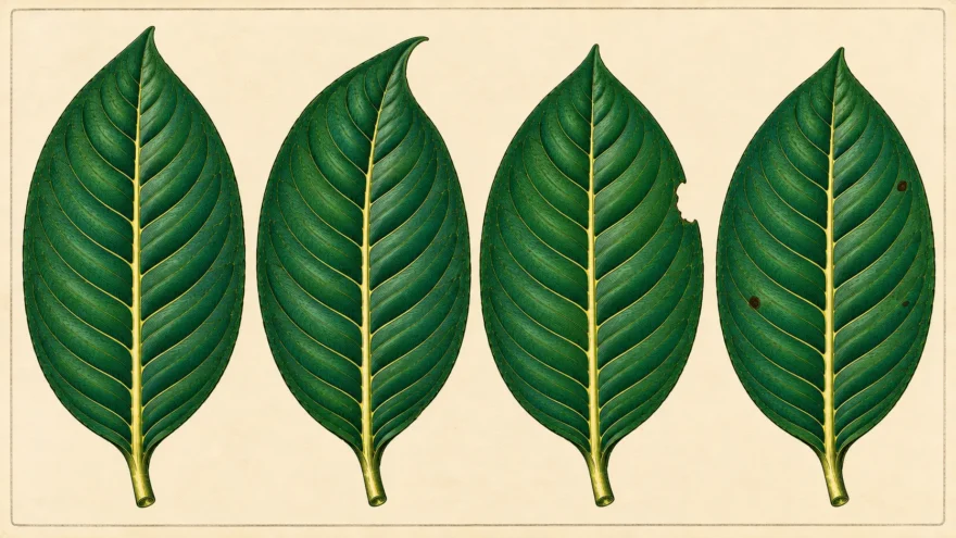 A hand colored engraving of four kratom leaves laid in a row, all the same shape and the same green with the same pale midrib, one with an insect notch bitten from its edge and one with small dark spots.