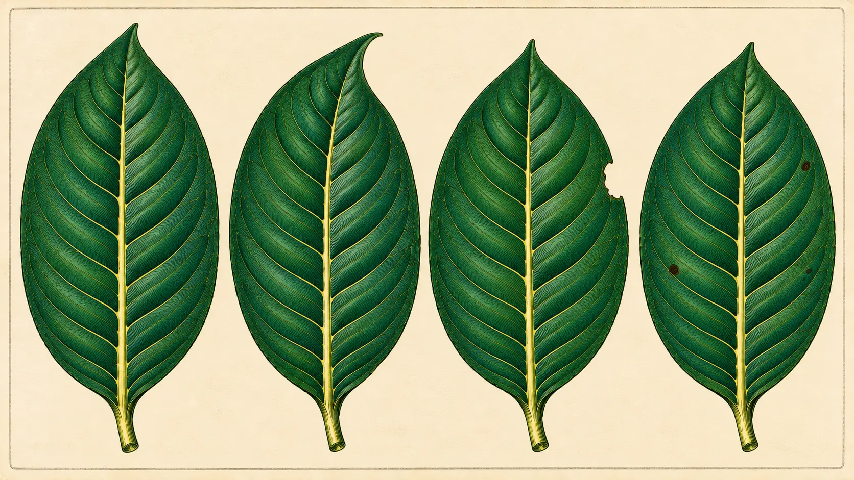 A hand colored engraving of four kratom leaves laid in a row, all the same shape and the same green with the same pale midrib, one with an insect notch bitten from its edge and one with small dark spots.