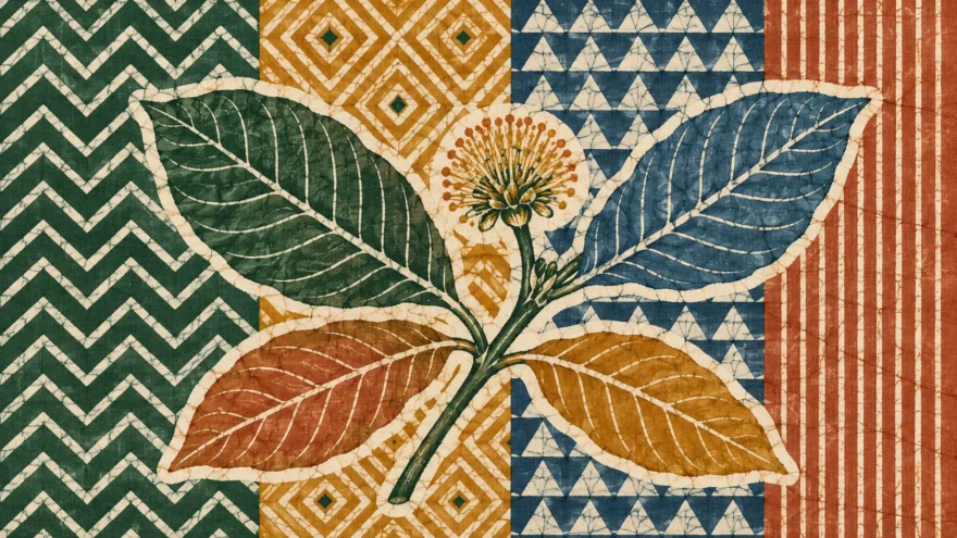 A wax resist batik of a kratom branch with four leaves and one flower head, held inside a white resist halo against a field of four vertical bands, each band a different geometric repeat in a different dye colour.