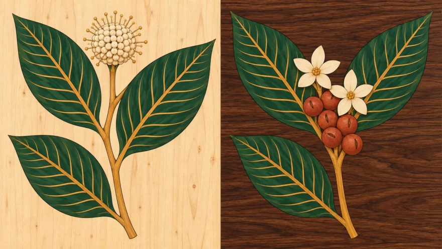 A marquetry panel divided by a single vertical seam, with a kratom branch of three leaves and a round studded flower head cut into a pale maple ground on the left, and a coffee branch of three matching leaves with a cluster of red berries and two pale flowers cut into a dark walnut ground on the right.