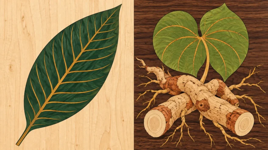 A marquetry panel divided by a single vertical seam, with a single kratom leaf cut into a pale maple ground on the left, and a thick knotted kava root with two sawn ends showing their rings, fine rootlets and one broad heart shaped leaf above it, cut into a dark walnut ground on the right.