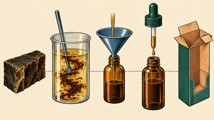 An exploded isometric manual plate of how a concentrated kratom solid becomes a liquid in a dropper bottle, separated along one axis and joined by leader lines, being a fractured slab of dark resin, a clear mixing vessel with a stirring paddle and a dark ribbon of concentrate swirling into a paler carrier liquid, a funnel seated in the neck of an amber bottle, an amber dropper bottle with its collar and nozzle lifted above it and a drop falling, and a small open paperboard carton.