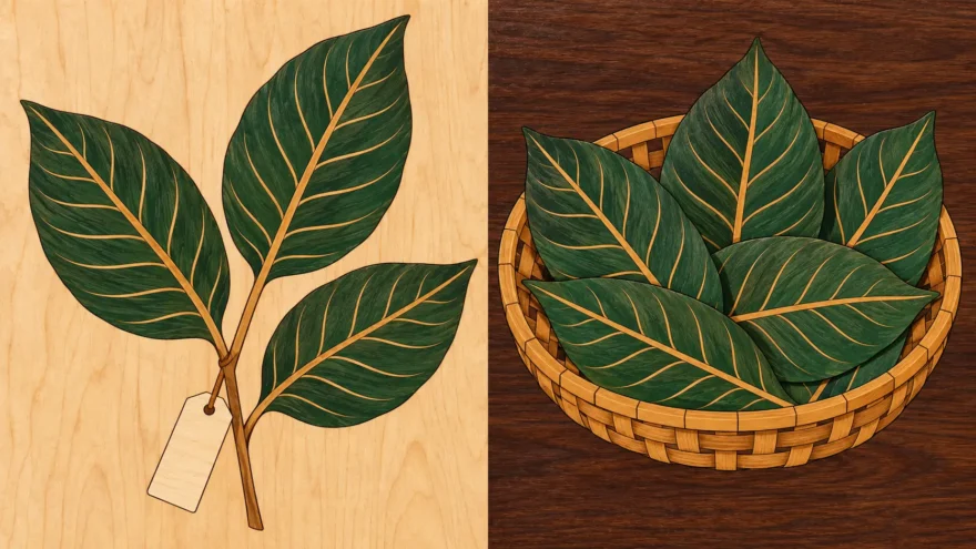 A marquetry panel divided by a single vertical seam, with a kratom branch of three leaves and a small blank hanging tag cut into a pale maple ground on the left, and a woven basket heaped with loose kratom leaves cut into a dark walnut ground on the right.