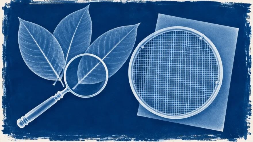 A cyanotype photogram of three kratom leaves, a magnifying glass and a round wire mesh sieve in white silhouette on deep blue.