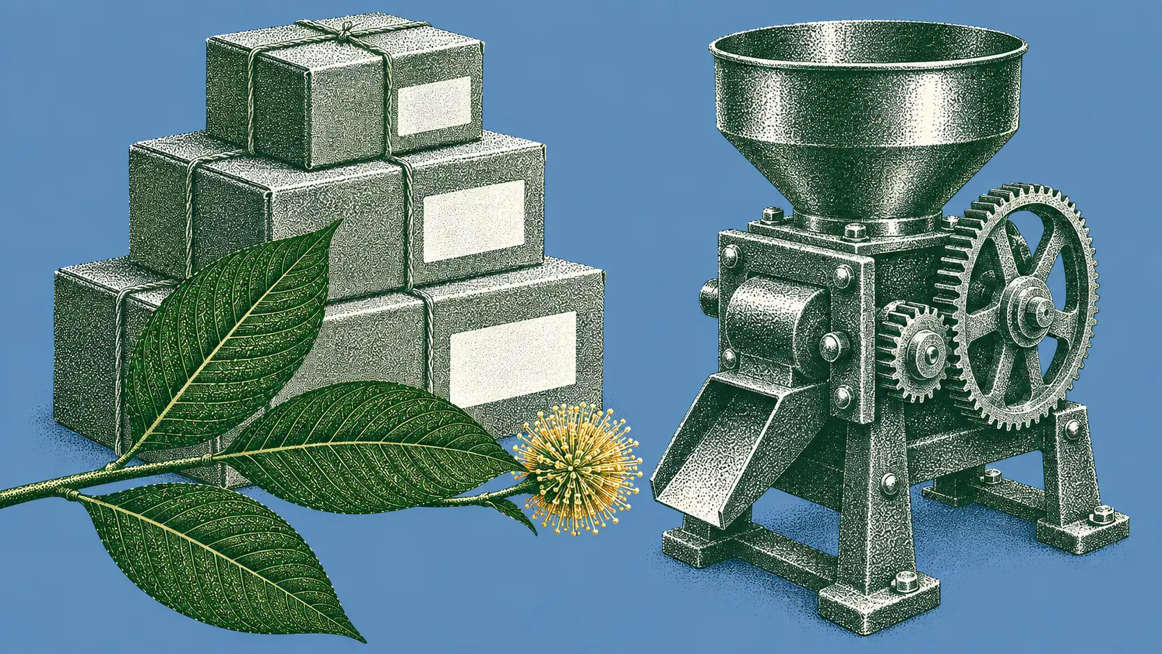A stipple engraving of a hand-built milling machine with a funnel hopper and meshed gears, beside a stack of twine-tied shipping boxes with blank labels and a flowering kratom branch with a round golden flower head, over a flat blue field.