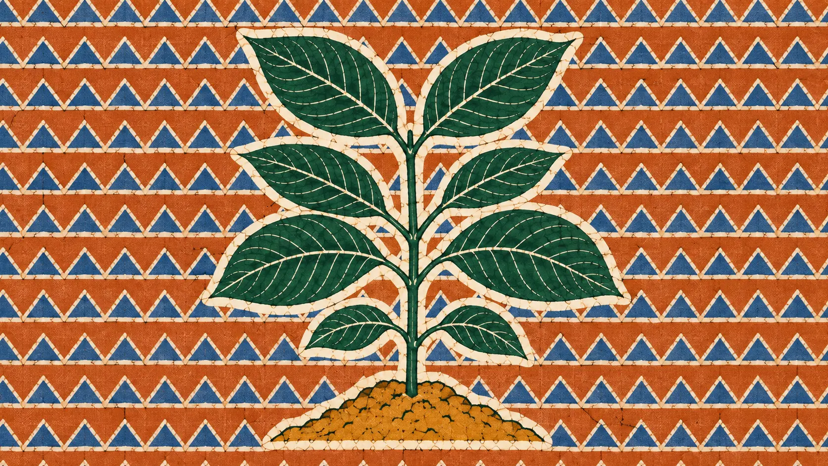 A wax resist batik of a young kratom tree growing from a mound of earth, held inside a white resist halo against rows of blue triangles on an orange ground.
