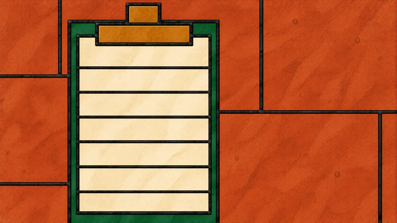 A stained glass panel of a clipboard holding a cream sheet ruled into blank horizontal strips, with a wide ochre clip across the top, on a terracotta field.