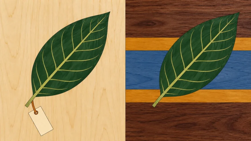 A marquetry panel divided by a single vertical seam, with a kratom leaf and a small blank hanging tag cut into a pale maple ground on the left, and an identical kratom leaf lying across a wide blue band between two ochre bands on a dark walnut ground on the right, both leaves green with pale yellow green veins.