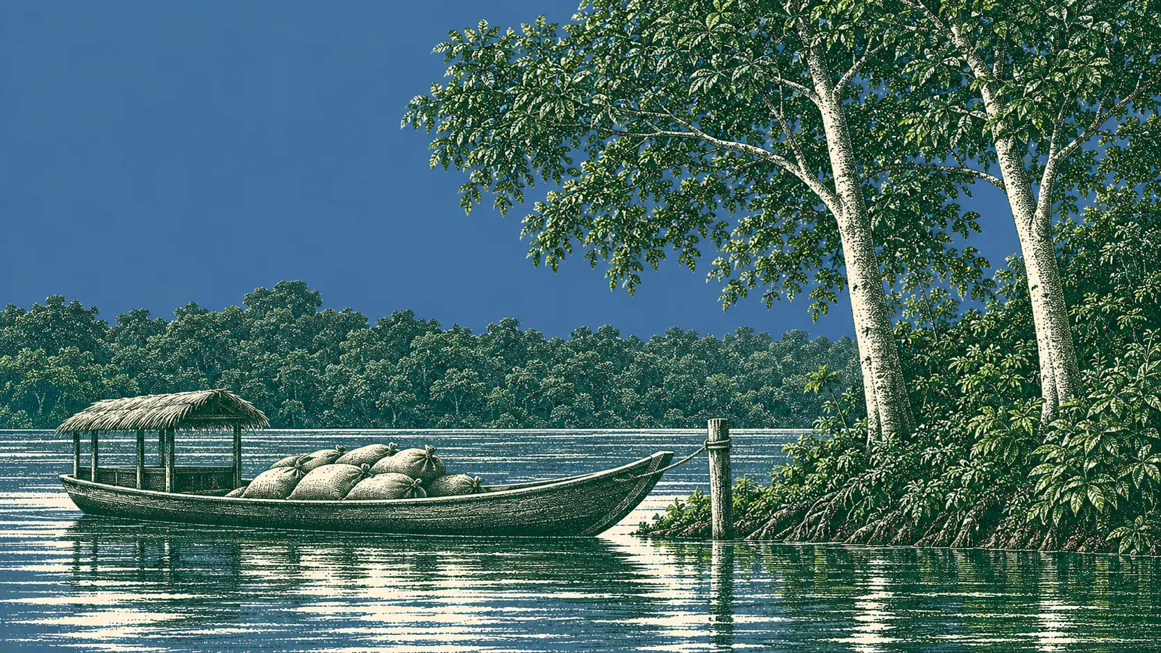A stipple engraving of a wooden riverboat with a thatched canopy, loaded with tied woven sacks and moored to a post beneath tall trees on a tropical riverbank, with jungle along the far shore and a flat blue sky.