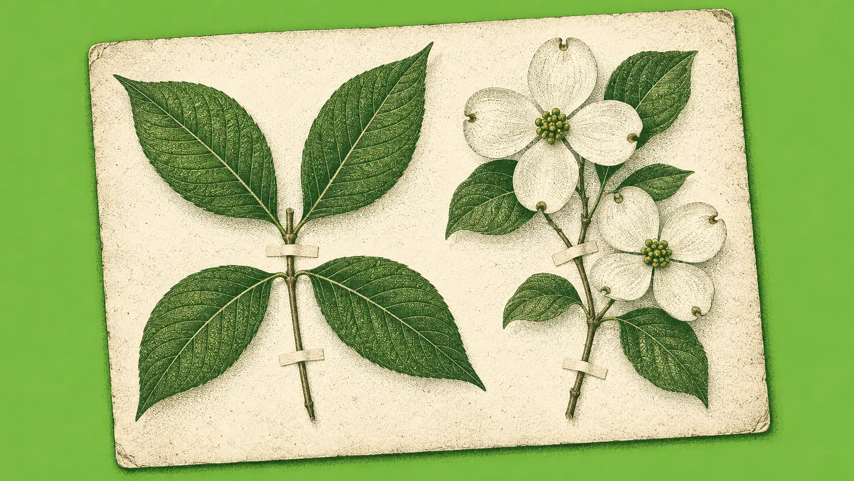 A stipple engraving of an old herbarium sheet with a pressed kratom branch of four leaves in opposite pairs beside a pressed sprig of flowering dogwood with two white blossoms, over a flat bright green field.