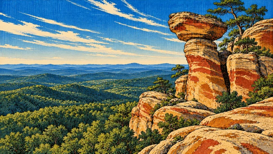 A woodblock print of sandstone pillars and a balanced capstone banded in red and ochre, above a carpet of green forested hills receding under streaks of high cloud.