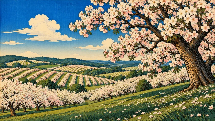 A woodblock print of an old cherry tree in full white and pink blossom above rolling hills lined with rows of blossoming orchard trees.